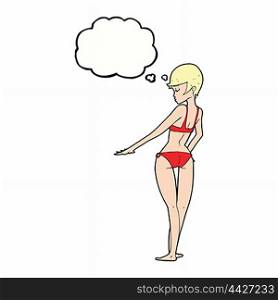 cartoon bikini woman with thought bubble