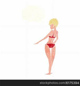 cartoon bikini woman with thought bubble