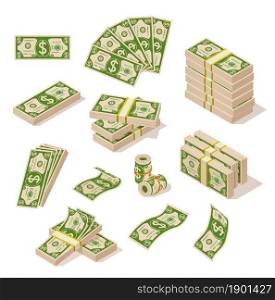 Cartoon bills money. Dollar cash, abundance dollars in pile and fan. Banknote stack, banking or prosperous business. Currency exact vector set. Illustration cash dollar, currency money bill. Cartoon bills money. Dollar cash, abundance dollars in pile and fan. Banknote stack, banking or prosperous business. Currency exact vector set
