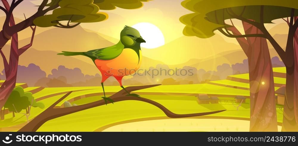 Cartoon bird sitting on tree branch, cute colorful birdie with green and yellow feathers at Asian rice field terraces in mountains scenery summer landscape, wild nature background, Vector illustration. Cartoon bird sitting on tree branch, cute birdie