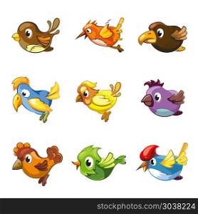 Cartoon birds vector. Funny birds icons. Cartoon birds vector set for game ui with birds