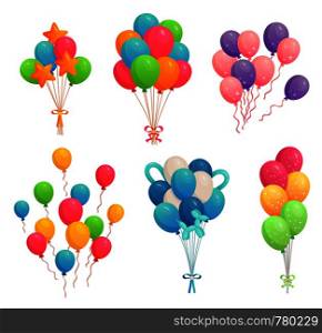Cartoon birthday balloons. Colorful air balloon, party decoration and flying helium balloons on ribbons. Birthday party or carnival decorations balloon. Isolated vector illustration icons set. Cartoon birthday balloons. Colorful air balloon, party decoration and flying helium balloons on ribbons vector illustration set