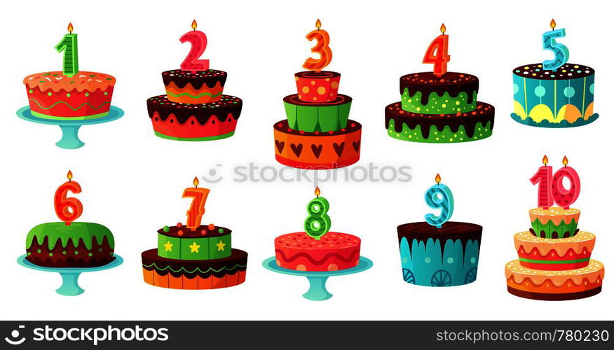Cartoon birthday cake numbers candle. Anniversary candles, celebration
