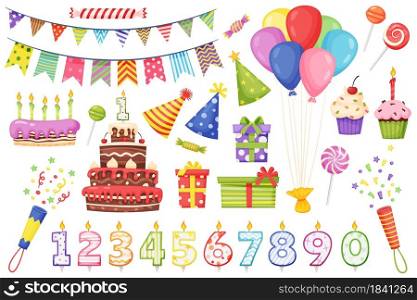 Cartoon birthday party decoration elements, cakes with candles. Colorful bunting flags, balloons, party hats, gift boxes, candies vector set. Festival colorful objects for celebration. Cartoon birthday party decoration elements, cakes with candles. Colorful bunting flags, balloons, party hats, gift boxes, candies vector set
