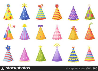 Cartoon birthday party hats, holiday celebration paper cones. Funny christmas striped party caps with colorful decorations vector set. Carnival or festival paper caps with stars, spots. Cartoon birthday party hats, holiday celebration paper cones. Funny christmas striped party caps with colorful decorations vector set