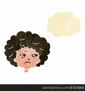 cartoon bitter old woman with thought bubble