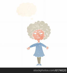 cartoon bitter old woman with thought bubble