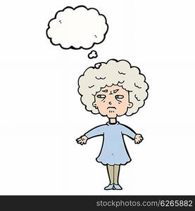 cartoon bitter old woman with thought bubble