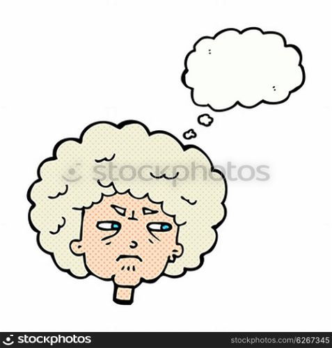 cartoon bitter old woman with thought bubble
