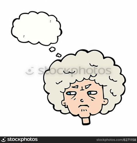 cartoon bitter old woman with thought bubble