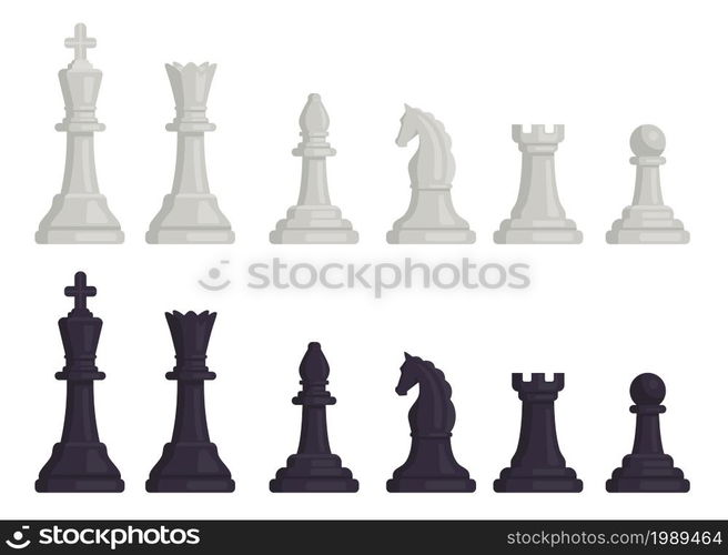 Cartoon black and white chess pieces icons. Flat chessmen, queen and king, horse, rook, bishop and pawn. Strategy game figures vector set. Logic competition or tournament, intellectual sport. Cartoon black and white chess pieces icons. Flat chessmen, queen and king, horse, rook, bishop and pawn. Strategy game figures vector set