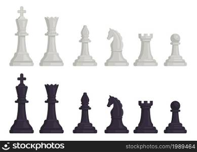 Cartoon black and white chess pieces icons. Flat chessmen, queen and king, horse, rook, bishop and pawn. Strategy game figures vector set. Logic competition or tournament, intellectual sport. Cartoon black and white chess pieces icons. Flat chessmen, queen and king, horse, rook, bishop and pawn. Strategy game figures vector set