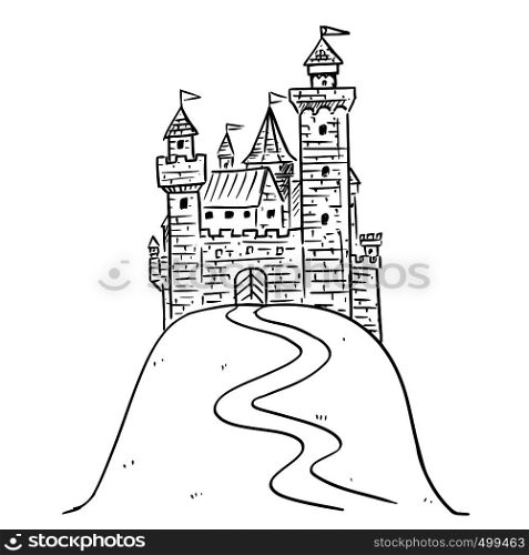 Cartoon Black and White Illustration or Drawing of fantasy medieval castle on hill.. Cartoon Drawing or Illustration of Fantasy Castle on Hill