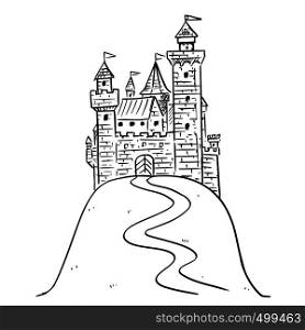 Cartoon Black and White Illustration or Drawing of fantasy medieval castle on hill.. Cartoon Drawing or Illustration of Fantasy Castle on Hill