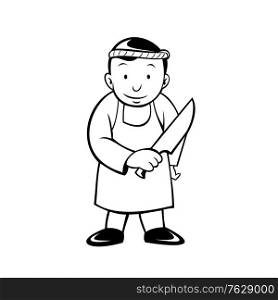 Cartoon black and white style illustration of Japanese butcher holding knife viewed from front on isolated white background.. Cartoon Japanese Butcher Holding Knife Viewed from Front Black and White