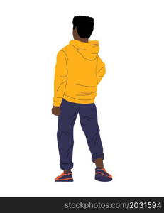 Cartoon black boy standing with his back. Behind view of African man in trendy casual clothing. Young male character wears bright hoodie. Vector isolated teenager looking forward in relaxing pose. Cartoon black boy standing with his back. Behind view of African man in casual clothing. Young character wears bright hoodie. Vector isolated teenager looking forward in relaxing pose