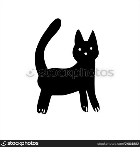 Cartoon black cat drawing. Simple and cute kitten silhouette, Halloween vector illustration.. Cartoon black cat drawing. Simple and cute kitten silhouette, Halloween vector illustration. Doodle.