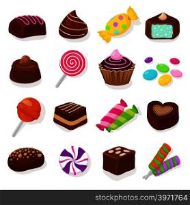 Cartoon black chocolate sweet candies and lollipops vector set. Sweet dessert food, chocolate and candy illustration. Cartoon black chocolate sweet candies and lollipops vector set