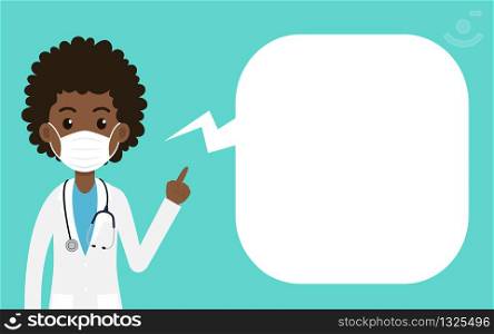 Cartoon black women doctor wearing protective mask and pointing finger with a speech bubble