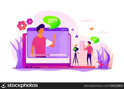 Cartoon blogger streaming online outdoors. Male influencer shooting video tutorial. Video blog, vlog popularity, video blog monetization concept. Vector isolated concept creative illustration. Vlog concept vector illustration