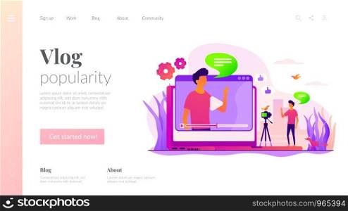 Cartoon blogger streaming online outdoors. Male influencer shooting video tutorial. Video blog, vlog popularity, video blog monetization concept. Website homepage header landing web page template.. Vlog landing page template
