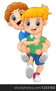 Cartoon blond boy giving his friend a piggyback ride