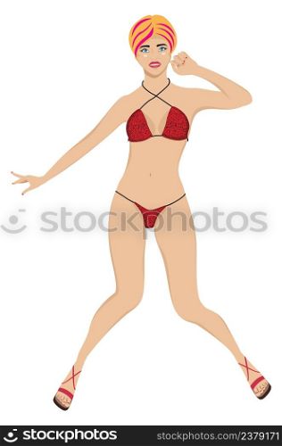 Cartoon blond girl wear leopard print bikini illustration.