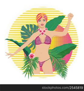 Cartoon blond girl wear leopard print bikini with tropical leaves and flowers illustration.