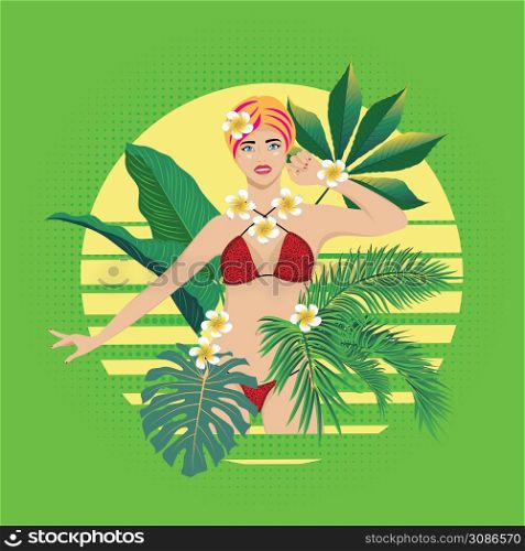 Cartoon blond girl wear leopard print bikini with tropical leaves and flowers illustration.