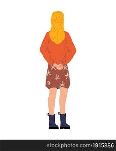 Cartoon blonde girl standing with her back. Cute woman watching forward. Alone teenager in casual clothing. Person holding hands behind and looking at distance. Vector isolated young female posing. Cartoon blonde girl standing with her back. Woman watching forward. Alone teenager in casual clothing. Person holding hands behind and looking at distance. Vector young female posing