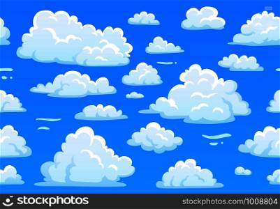 Cartoon blue cloudy sky. Horizontal seamless pattern with white fluffy clouds, cumulus weather atmosphere. 2d game overcast sky. Beautiful bright cloudscape vector texture background. Cartoon blue cloudy sky. Horizontal seamless pattern with white fluffy clouds. 2d game overcast sky vector texture
