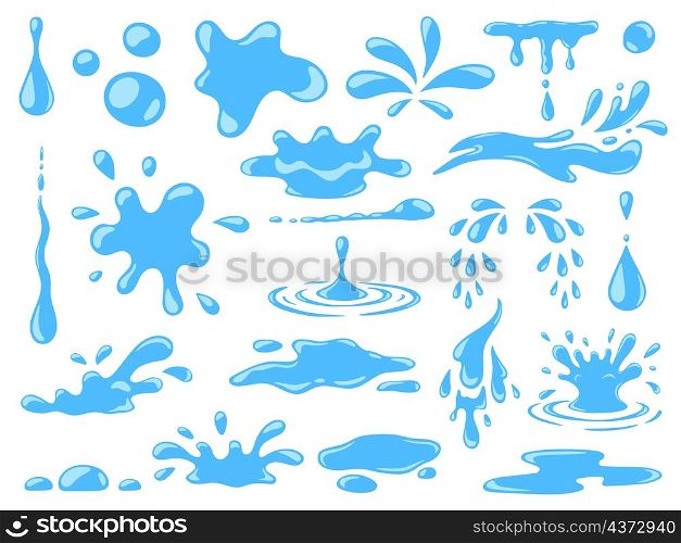 Cartoon blue dripping water drops, splashes, sprays and tears. Liquid flow, wave, stream and puddles. Nature water motion shapes vector set. Illustration of rain water drop, liquid splash. Cartoon blue dripping water drops, splashes, sprays and tears. Liquid flow, wave, stream and puddles. Nature water motion shapes vector set