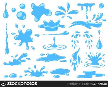 Cartoon blue dripping water drops, splashes, sprays and tears. Liquid flow, wave, stream and puddles. Nature water motion shapes vector set. Illustration of rain water drop, liquid splash. Cartoon blue dripping water drops, splashes, sprays and tears. Liquid flow, wave, stream and puddles. Nature water motion shapes vector set