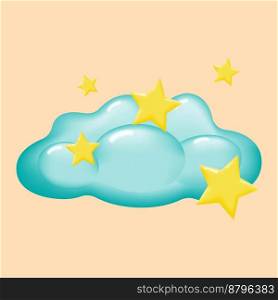 Cartoon blue fluffy cloud with yellow stars isolated on a beige background. Vector illustration.. Cartoon blue fluffy cloud with yellow stars