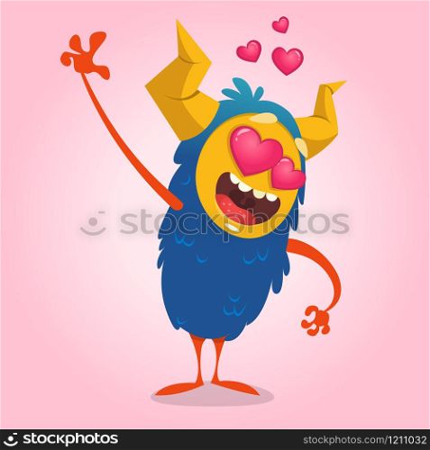 Cartoon blue horned monster in love waving. Saint Valentine monster. Vector Illustration Of Loving Monster And Hearts. Invitation card for party