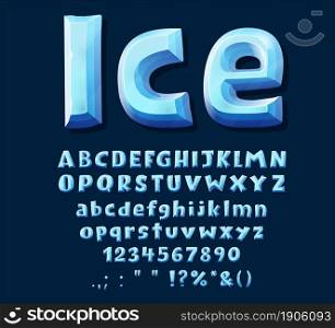 Cartoon blue ice crystal font type. Uppercase alphabet, digits and punctuation signs. Vector abc letters, winter frozen digits and symbols. Isolated ice font for game design. Cartoon blue ice crystal font, uppercase alphabet