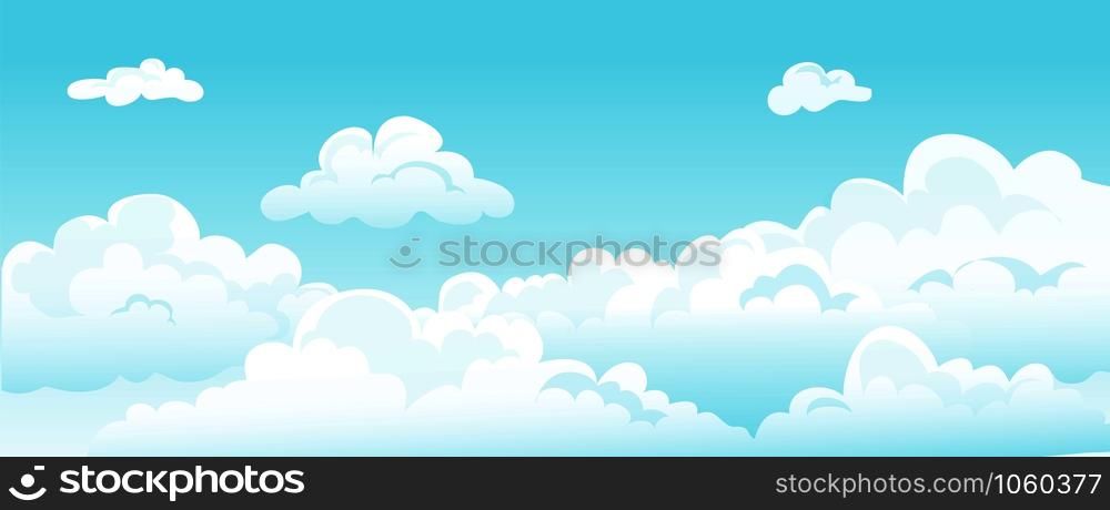 Cartoon blue sky and curly clouds. Vector white cloud beauty dreams horizontal background. Cover fluffy white and blue heavenly summer skies wallpaper for poster illustration. Cartoon blue sky and curly clouds. Vector white cloud beauty dreams horizontal background. Cover fluffy white heavenly summer skies wallpaper