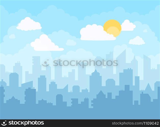 Cartoon blue sky cityscape. Cloudy sky, city skyline landscape, midday graphic urban silhouette cityscape illustration and town building layers bright vector background. Urban panoramic view. Cartoon blue sky cityscape. Cloudy sky, city skyline landscape, midday graphic urban silhouette cityscape illustration and town building layers bright vector background. Downtown skyscrapers view