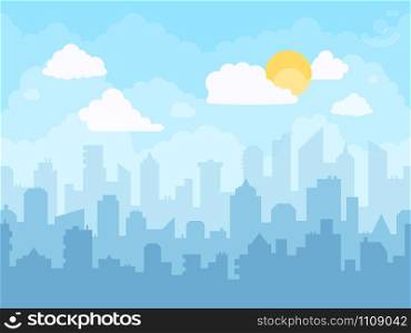 Cartoon blue sky cityscape. Cloudy sky, city skyline landscape, midday graphic urban silhouette cityscape illustration and town building layers bright vector background. Urban panoramic view. Cartoon blue sky cityscape. Cloudy sky, city skyline landscape, midday graphic urban silhouette cityscape illustration and town building layers bright vector background. Downtown skyscrapers view