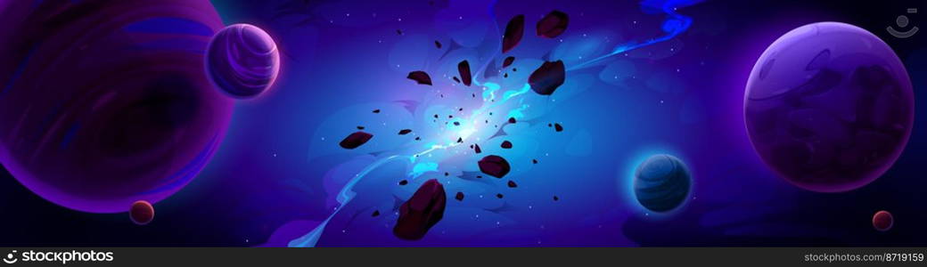 Cartoon blue space background with glowing galaxy nebula and flying rocks and planets in dark starry sky. Birth of new star, explode in universe. Fantasy alien world, cosmos view, Vector illustration. Cartoon space background with glow galaxy nebula