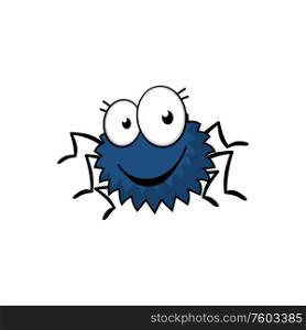 Cartoon blue spider isolated funny bug. Vector hairy pest animal with big eyes. Spider in cartoon style isolated blue bug