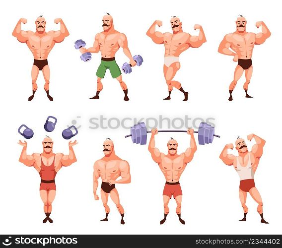 Cartoon bodybuilder character posing. Funny strong man with moustache demonstrates muscles, circus athlete in different poses, retro mascot with dumbbell, male sport, gym training vector isolated set. Cartoon bodybuilder character posing. Funny strong man with moustache demonstrates muscles, circus athlete in different poses, retro mascot with dumbbell, gym training vector isolated set