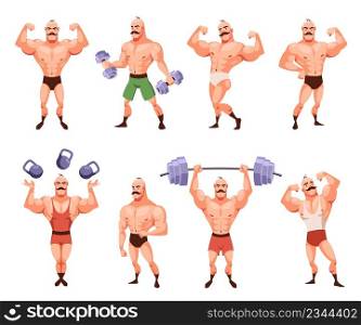 Cartoon bodybuilder character posing. Funny strong man with moustache demonstrates muscles, circus athlete in different poses, retro mascot with dumbbell, male sport, gym training vector isolated set. Cartoon bodybuilder character posing. Funny strong man with moustache demonstrates muscles, circus athlete in different poses, retro mascot with dumbbell, gym training vector isolated set