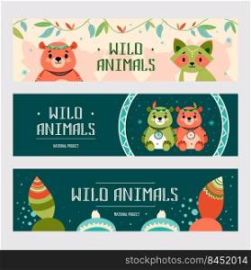 Cartoon boho animals banners set. Cute bear and raccoon with native American decorations. Vector illustrations with text. Wildlife concept for flyers and brochures design