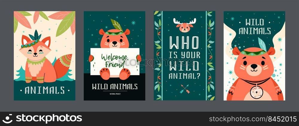 Cartoon boho animals posters set. Cute bear, fox, moose with decorations. Vector illustrations with text. Wildlife concept for flyers and brochures design