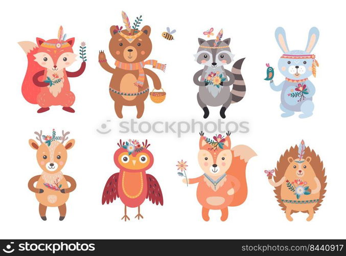 Cartoon boho animals set. Wildlife forest characters, deer, fox, owl, raccoon, decorated with red Indians tribal accessories, feathers and plants. Can be used for toys, native American culture topics