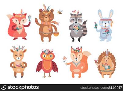 Cartoon boho animals set. Wildlife forest characters, deer, fox, owl, raccoon, decorated with red Indians tribal accessories, feathers and plants. Can be used for toys, native American culture topics