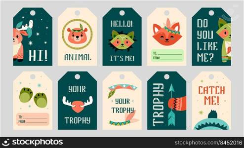 Cartoon boho animals tags set. Cute bear, fox, moose, raccoon with decorations. Vector illustrations with text. Wildlife concept for flyers, labels, postcards design