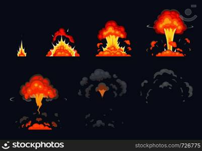 Cartoon bomb explosion animation. Exploding animated frames, atomic explode effect and explosions smoke. Dynamite bomb, firing blast shots game animation or gaming exploded vector illustration set. Cartoon bomb explosion animation. Exploding animated frames, atomic explode effect and explosions smoke vector illustration set