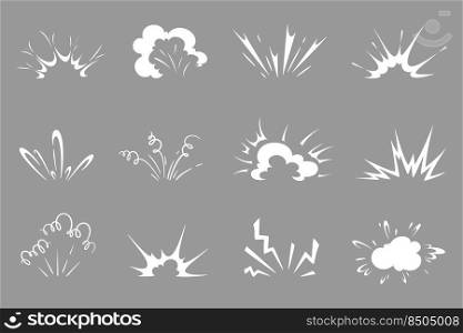 Cartoon bomb explosion, comic clouds of smoke and fire. Vector explosion effects, blast, boom, bang and burst comics book clouds of war fight, exploded dynamite, nuclear bomb or rocket launch. Cartoon bomb explosion, smoke, fire comic clouds